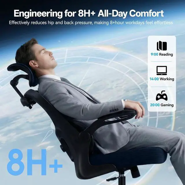Alt view image 6 of 7 - AreShark Office Chair Ergonomic Desk Chairs with Adjustable Lumbar Support& Headrest Hanger, High Back Breathable Mesh Chair with Wheels, Rolling Swivel Comfy Task Computer Chair for Home Work Gaming