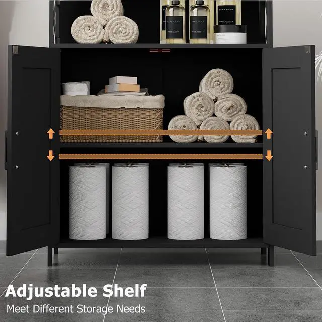 Alt view image 4 of 7 - Homhedy Farmhouse Bathroom Storage Cabinet with Doors, Small Floor Cabinet | Toilet Paper Cabinet with Adjustable Shelf, Freestanding Storage Cabinet for Kitchen/Laundry/Living Room, 24"W, Black