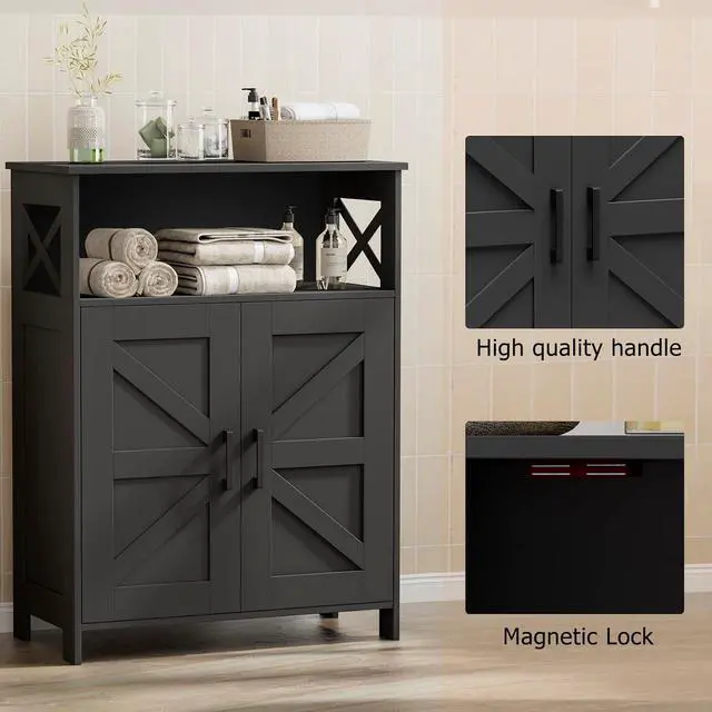 Alt view image 5 of 7 - Homhedy Farmhouse Bathroom Storage Cabinet with Doors, Small Floor Cabinet | Toilet Paper Cabinet with Adjustable Shelf, Freestanding Storage Cabinet for Kitchen/Laundry/Living Room, 24"W, Black