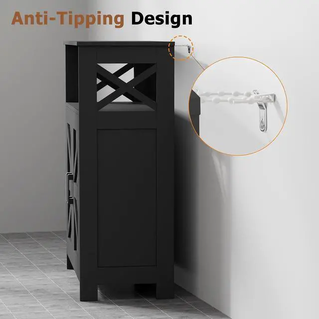 Alt view image 6 of 7 - Homhedy Farmhouse Bathroom Storage Cabinet with Doors, Small Floor Cabinet | Toilet Paper Cabinet with Adjustable Shelf, Freestanding Storage Cabinet for Kitchen/Laundry/Living Room, 24"W, Black