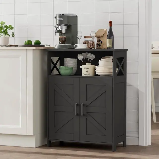 Alt view image 7 of 7 - Homhedy Farmhouse Bathroom Storage Cabinet with Doors, Small Floor Cabinet | Toilet Paper Cabinet with Adjustable Shelf, Freestanding Storage Cabinet for Kitchen/Laundry/Living Room, 24"W, Black
