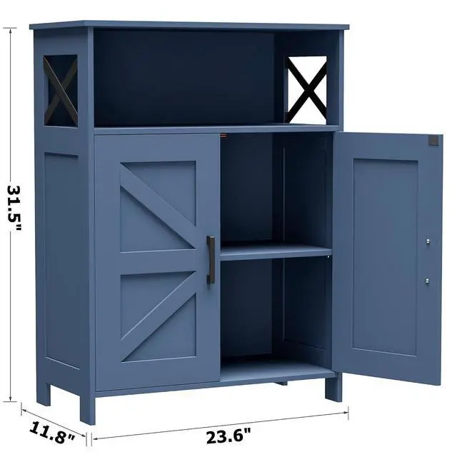 Alt view image 3 of 7 - Homhedy Farmhouse Bathroom Storage Cabinet with Doors, Small Floor Cabinet | Toilet Paper Cabinet with Adjustable Shelf, Freestanding Storage Cabinet for Kitchen/Laundry/Living Room, 24"W, Blue