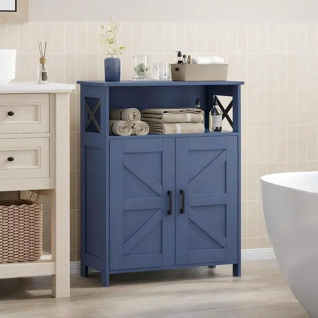 Alt view image 2 of 7 - Homhedy Farmhouse Bathroom Storage Cabinet with Doors, Small Floor Cabinet | Toilet Paper Cabinet with Adjustable Shelf, Freestanding Storage Cabinet for Kitchen/Laundry/Living Room, 24"W, Blue