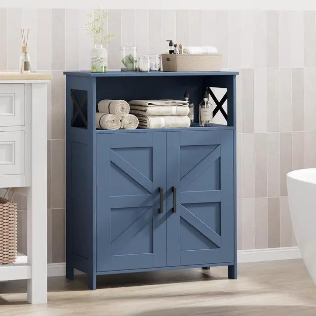 Alt view image 5 of 7 - Homhedy Farmhouse Bathroom Storage Cabinet with Doors, Small Floor Cabinet | Toilet Paper Cabinet with Adjustable Shelf, Freestanding Storage Cabinet for Kitchen/Laundry/Living Room, 24"W, Blue