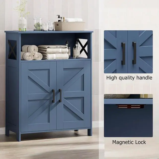Alt view image 7 of 7 - Homhedy Farmhouse Bathroom Storage Cabinet with Doors, Small Floor Cabinet | Toilet Paper Cabinet with Adjustable Shelf, Freestanding Storage Cabinet for Kitchen/Laundry/Living Room, 24"W, Blue