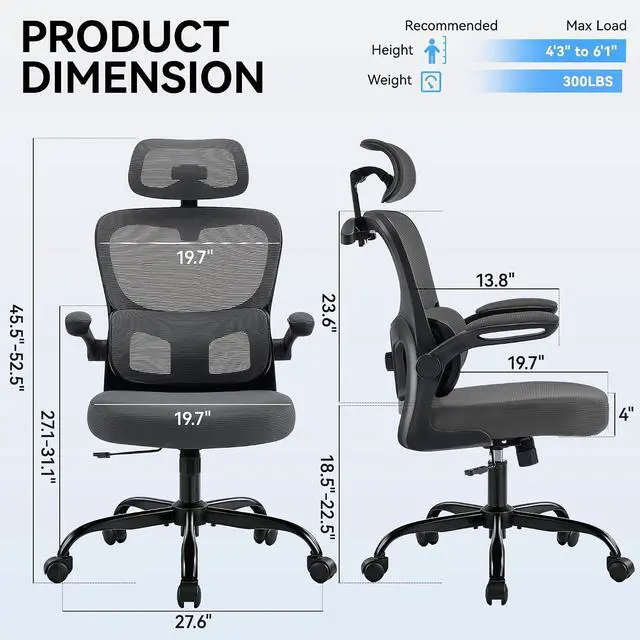 Alt view image 2 of 7 - AreShark Office Chair Ergonomic Desk Chairs with Adjustable Lumbar Support& Headrest Hanger, High Back Breathable Mesh Chair with Wheels, Rolling Swivel Comfy Task Computer Chair for Home Work Gaming