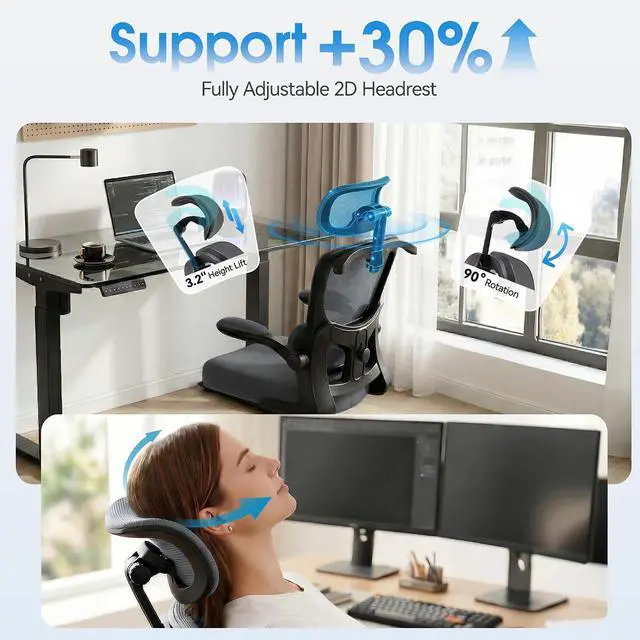 Alt view image 4 of 7 - AreShark Office Chair Ergonomic Desk Chairs with Adjustable Lumbar Support& Headrest Hanger, High Back Breathable Mesh Chair with Wheels, Rolling Swivel Comfy Task Computer Chair for Home Work Gaming