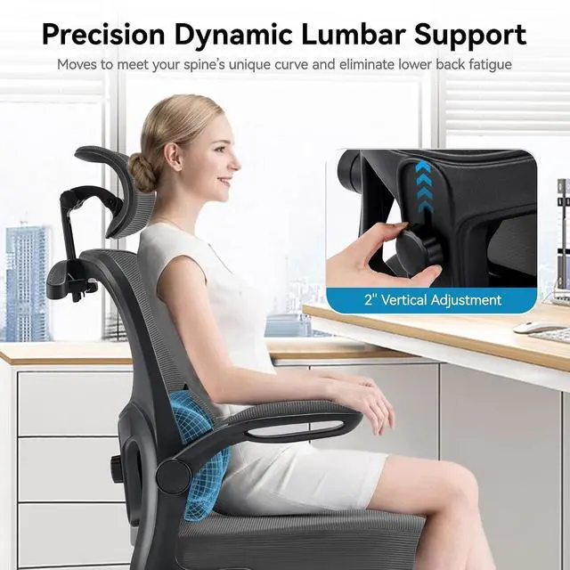 Alt view image 3 of 7 - AreShark Office Chair Ergonomic Desk Chairs with Adjustable Lumbar Support& Headrest Hanger, High Back Breathable Mesh Chair with Wheels, Rolling Swivel Comfy Task Computer Chair for Home Work Gaming