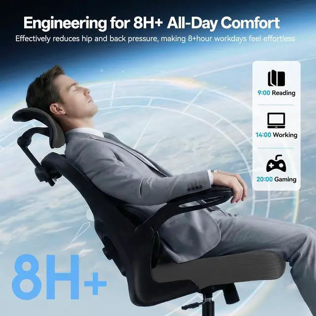 Alt view image 6 of 7 - AreShark Office Chair Ergonomic Desk Chairs with Adjustable Lumbar Support& Headrest Hanger, High Back Breathable Mesh Chair with Wheels, Rolling Swivel Comfy Task Computer Chair for Home Work Gaming