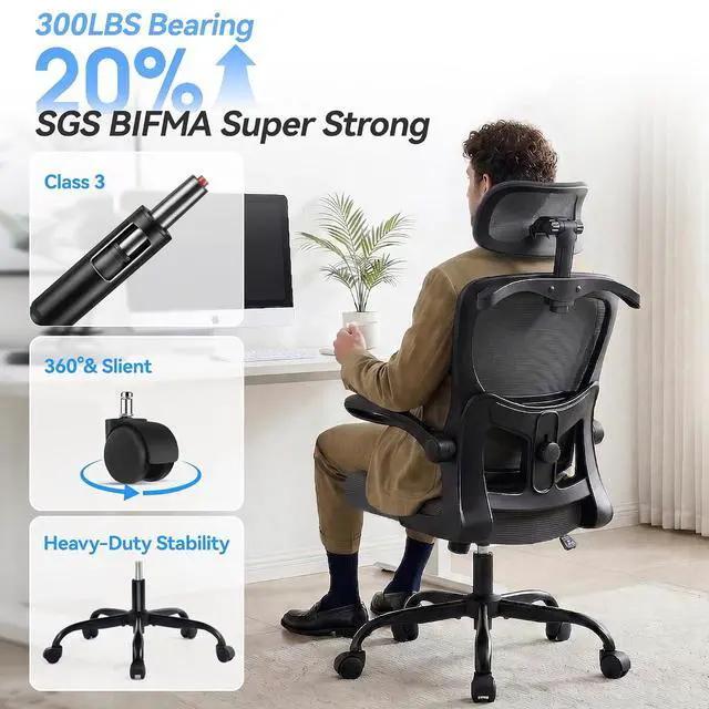 Alt view image 5 of 7 - AreShark Office Chair Ergonomic Desk Chairs with Adjustable Lumbar Support& Headrest Hanger, High Back Breathable Mesh Chair with Wheels, Rolling Swivel Comfy Task Computer Chair for Home Work Gaming