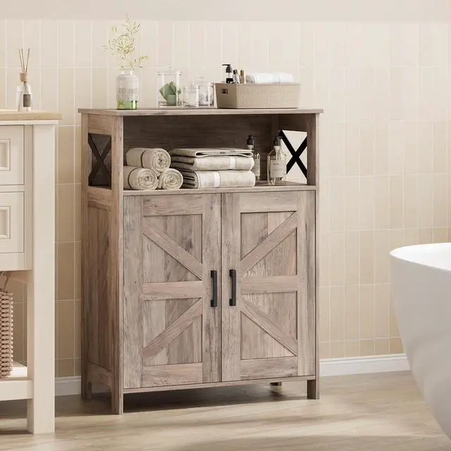 Alt view image 2 of 7 - Homhedy Farmhouse Bathroom Storage Cabinet with Doors, Small Floor Cabinet | Toilet Paper Cabinet with Adjustable Shelf, Freestanding Storage Cabinet for Kitchen/Laundry/Living Room, 24"W, Greige