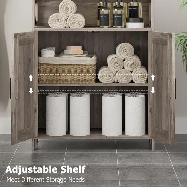 Alt view image 4 of 7 - Homhedy Farmhouse Bathroom Storage Cabinet with Doors, Small Floor Cabinet | Toilet Paper Cabinet with Adjustable Shelf, Freestanding Storage Cabinet for Kitchen/Laundry/Living Room, 24"W, Greige