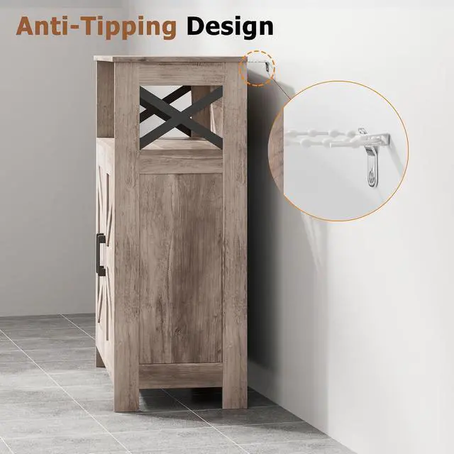 Alt view image 6 of 7 - Homhedy Farmhouse Bathroom Storage Cabinet with Doors, Small Floor Cabinet | Toilet Paper Cabinet with Adjustable Shelf, Freestanding Storage Cabinet for Kitchen/Laundry/Living Room, 24"W, Greige