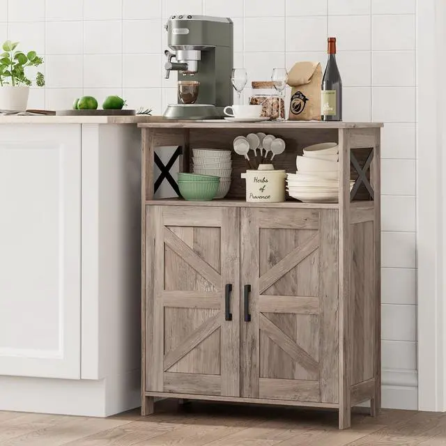 Alt view image 7 of 7 - Homhedy Farmhouse Bathroom Storage Cabinet with Doors, Small Floor Cabinet | Toilet Paper Cabinet with Adjustable Shelf, Freestanding Storage Cabinet for Kitchen/Laundry/Living Room, 24"W, Greige