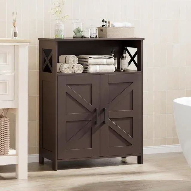 Alt view image 2 of 7 - Homhedy Farmhouse Bathroom Storage Cabinet with Doors, Small Floor Cabinet | Toilet Paper Cabinet with Adjustable Shelf, Freestanding Storage Cabinet for Kitchen/Laundry/Living Room, 24"W, Brown