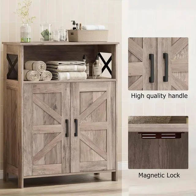 Alt view image 5 of 7 - Homhedy Farmhouse Bathroom Storage Cabinet with Doors, Small Floor Cabinet | Toilet Paper Cabinet with Adjustable Shelf, Freestanding Storage Cabinet for Kitchen/Laundry/Living Room, 24"W, Greige
