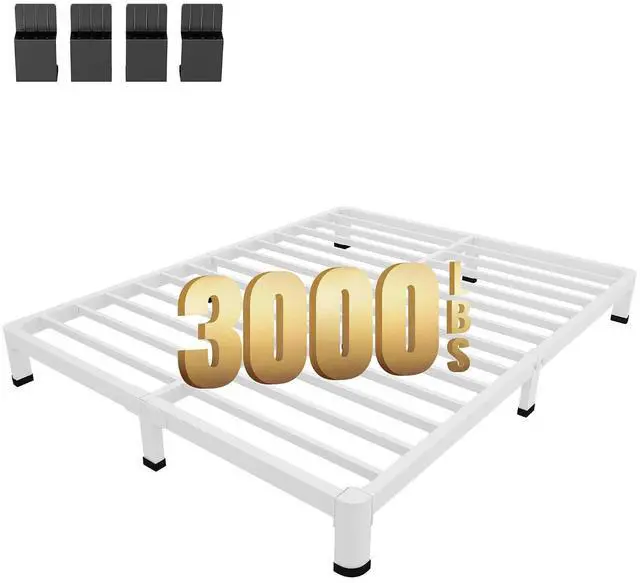 Main image of MAF 4 Inch Queen Metal Platform Bed Frame White with Round Corner Legs | Mattress Slide Stopper, 3000 LBS Heavy Duty Steel Slats Support, Noise Free, No Box Spring Needed, Easy Assembly, Anti-Slip