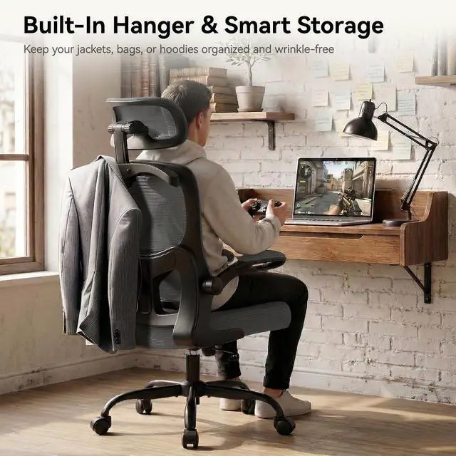 Alt view image 7 of 7 - AreShark Office Chair Ergonomic Desk Chairs with Adjustable Lumbar Support& Headrest Hanger, High Back Breathable Mesh Chair with Wheels, Rolling Swivel Comfy Task Computer Chair for Home Work Gaming