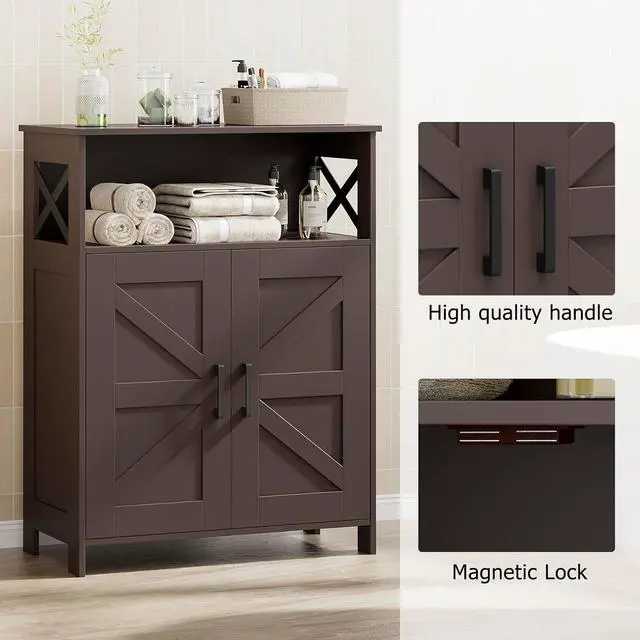 Alt view image 5 of 7 - Homhedy Farmhouse Bathroom Storage Cabinet with Doors, Small Floor Cabinet | Toilet Paper Cabinet with Adjustable Shelf, Freestanding Storage Cabinet for Kitchen/Laundry/Living Room, 24"W, Brown
