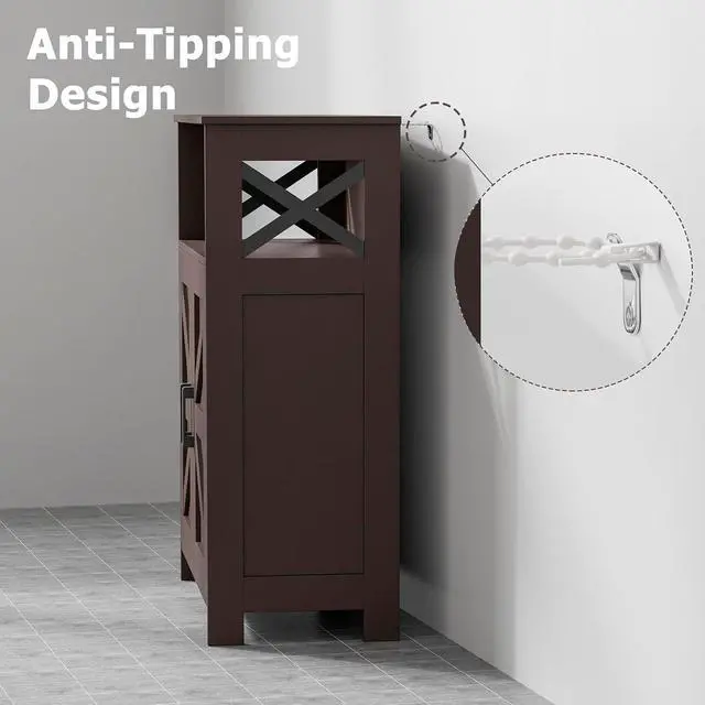 Alt view image 6 of 7 - Homhedy Farmhouse Bathroom Storage Cabinet with Doors, Small Floor Cabinet | Toilet Paper Cabinet with Adjustable Shelf, Freestanding Storage Cabinet for Kitchen/Laundry/Living Room, 24"W, Brown