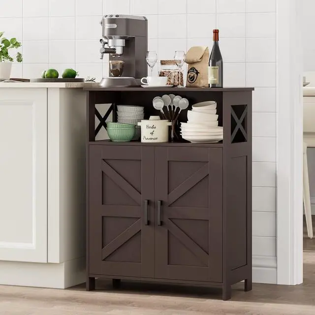 Alt view image 7 of 7 - Homhedy Farmhouse Bathroom Storage Cabinet with Doors, Small Floor Cabinet | Toilet Paper Cabinet with Adjustable Shelf, Freestanding Storage Cabinet for Kitchen/Laundry/Living Room, 24"W, Brown