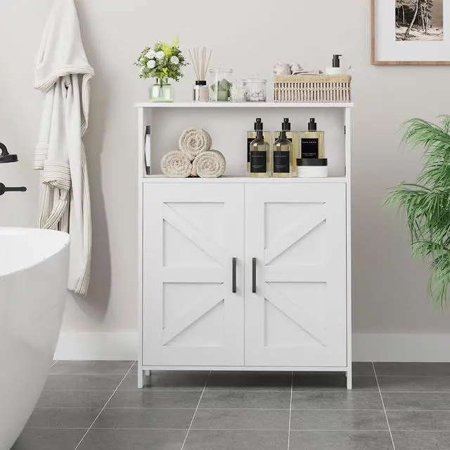 Alt view image 2 of 7 - Homhedy Farmhouse Bathroom Storage Cabinet with Doors, Small Floor Cabinet | Toilet Paper Cabinet with Adjustable Shelf, Freestanding Storage Cabinet for Kitchen/Laundry/Living Room, 24"W, White