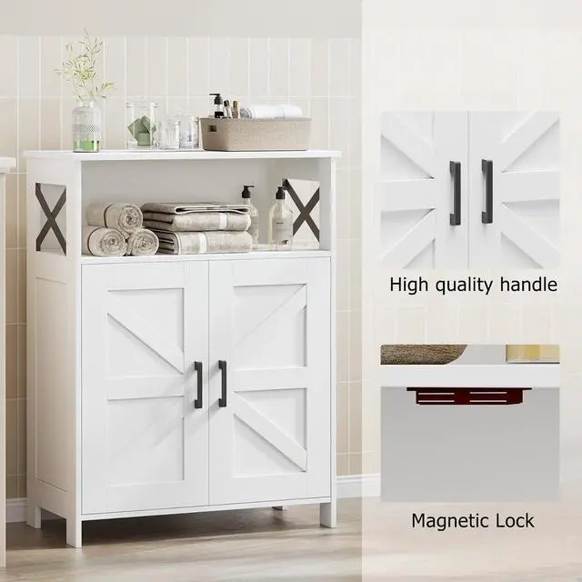 Alt view image 5 of 7 - Homhedy Farmhouse Bathroom Storage Cabinet with Doors, Small Floor Cabinet | Toilet Paper Cabinet with Adjustable Shelf, Freestanding Storage Cabinet for Kitchen/Laundry/Living Room, 24"W, White