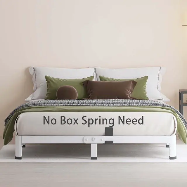 Alt view image 6 of 7 - MAF 4 Inch Queen Metal Platform Bed Frame White with Round Corner Legs | Mattress Slide Stopper, 3000 LBS Heavy Duty Steel Slats Support, Noise Free, No Box Spring Needed, Easy Assembly, Anti-Slip