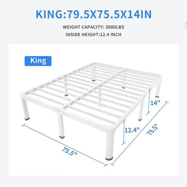Alt view image 3 of 7 - MAF 14 Inch King Metal Platform Bed Frame White with Round Corner Legs | Mattress Baffle, 3000 LBS Heavy Duty Steel Slat Support, Noise Free, No Box Spring Needed, Easy Assembly, 12.4" Storage Space