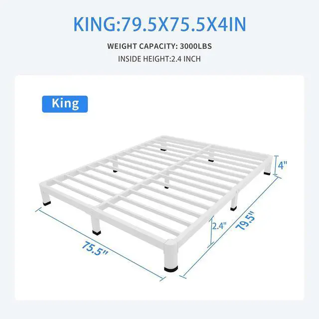 Alt view image 3 of 7 - MAF 4 Inch King Metal Platform Bed Frame White with Round Corner Legs | Mattress Slide Stopper, 3000 LBS Heavy Duty Steel Slats Support, Noise Free, No Box Spring Needed, Easy Assembly, Anti-Slip