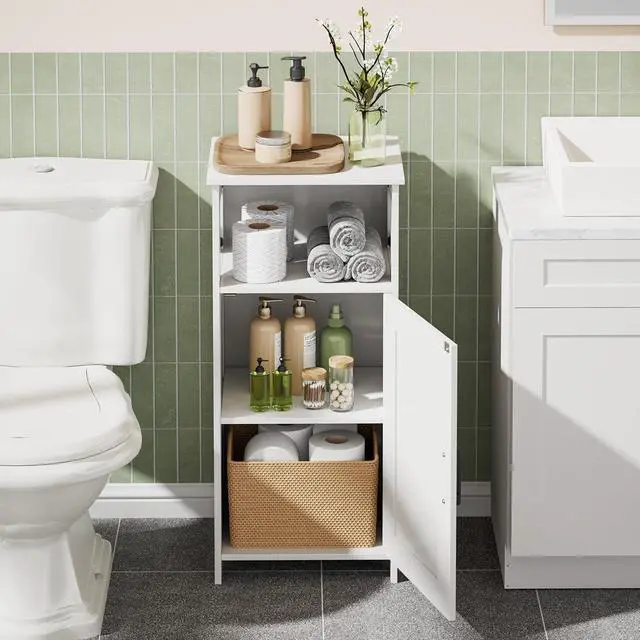 Alt view image 3 of 7 - Homhedy Farmhouse Bathroom Storage Cabinet with Doors, Small Floor Cabinet | Toilet Paper Cabinet with Adjustable Shelf, Freestanding Storage Cabinet for Kitchen/Laundry/Living Room, 14"W, White