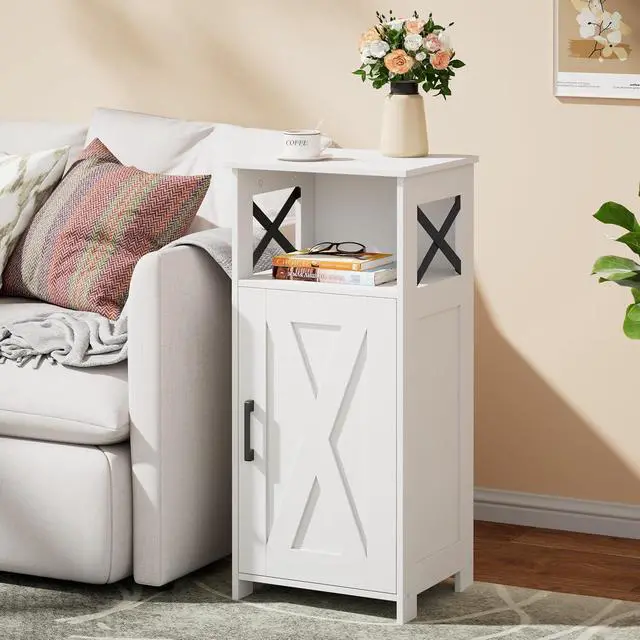 Alt view image 7 of 7 - Homhedy Farmhouse Bathroom Storage Cabinet with Doors, Small Floor Cabinet | Toilet Paper Cabinet with Adjustable Shelf, Freestanding Storage Cabinet for Kitchen/Laundry/Living Room, 14"W, White