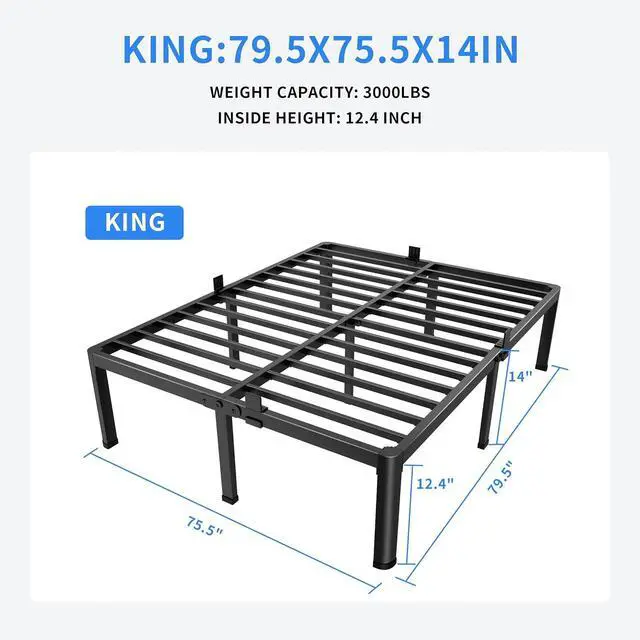 Alt view image 3 of 7 - MAF 14 Inch King Metal Platform Bed Frame with Round Corner Legs | Mattress Baffle, 3000 LBS Heavy Duty Steel Slat Support, Noise Free, No Box Spring Needed, Easy Assembly, 12.4" Storage Space