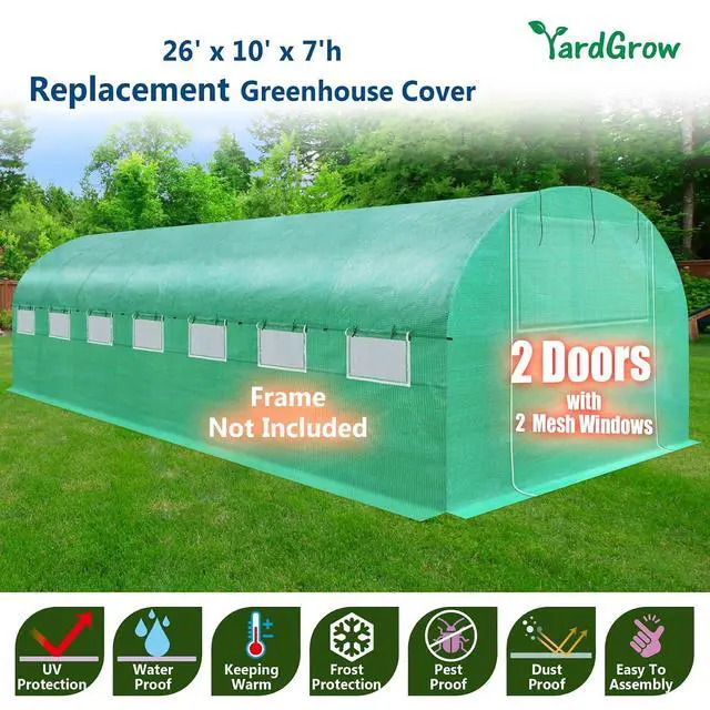 Alt view image 2 of 7 - YardGrow Greenhouse Replacement Cover Larger Walk in Outdoor Plant Gardening Greenhouse, 2-Doors with 2 Mesh Windows, Frame Does NOT Included (26'x10'x7')