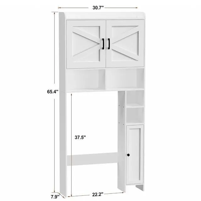 Alt view image 2 of 7 - Homhedy Wooden Over The Toilet Storage Cabinet with Barn Door | Freestanding Bathroom Storage, Toilet Paper Holder, Adjustable Shelf,Space-Saving, Farmhouse Style, White