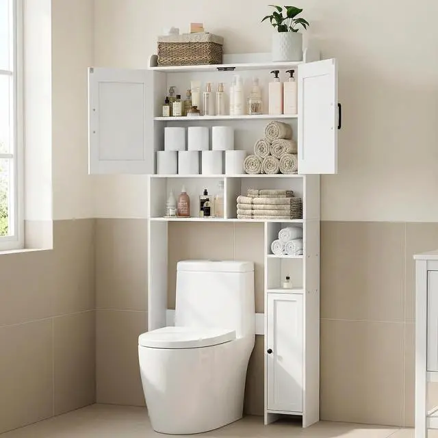 Alt view image 3 of 7 - Homhedy Wooden Over The Toilet Storage Cabinet with Barn Door | Freestanding Bathroom Storage, Toilet Paper Holder, Adjustable Shelf,Space-Saving, Farmhouse Style, White