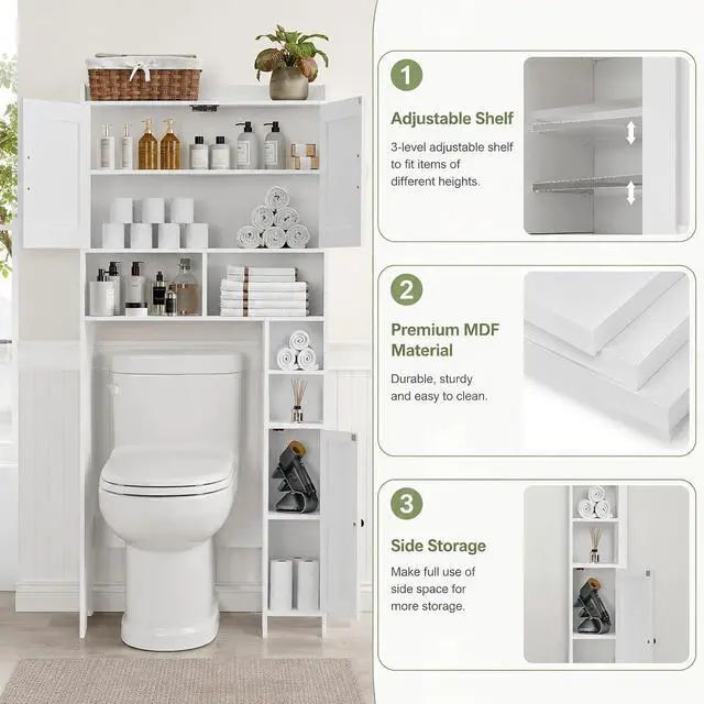Alt view image 4 of 7 - Homhedy Wooden Over The Toilet Storage Cabinet with Barn Door | Freestanding Bathroom Storage, Toilet Paper Holder, Adjustable Shelf,Space-Saving, Farmhouse Style, White