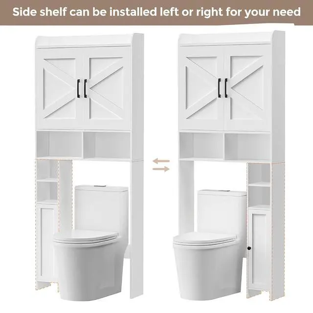 Alt view image 5 of 7 - Homhedy Wooden Over The Toilet Storage Cabinet with Barn Door | Freestanding Bathroom Storage, Toilet Paper Holder, Adjustable Shelf,Space-Saving, Farmhouse Style, White