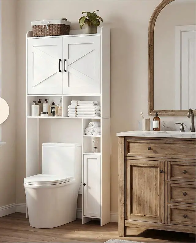 Alt view image 7 of 7 - Homhedy Wooden Over The Toilet Storage Cabinet with Barn Door | Freestanding Bathroom Storage, Toilet Paper Holder, Adjustable Shelf,Space-Saving, Farmhouse Style, White
