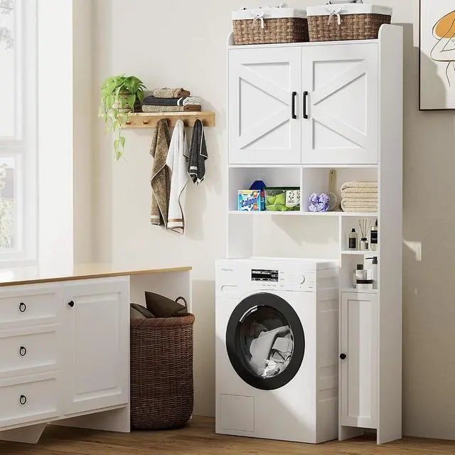 Alt view image 6 of 7 - Homhedy Wooden Over The Toilet Storage Cabinet with Barn Door | Freestanding Bathroom Storage, Toilet Paper Holder, Adjustable Shelf,Space-Saving, Farmhouse Style, White