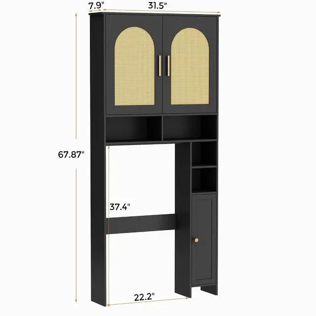 Alt view image 2 of 7 - Homhedy Wooden Over The Toilet Storage Cabinet, Natural and Black | Bathroom Organizer with Rattan Decorated Doors, Adjustable Shelves, Toilet Paper Holder, for Small Spaces
