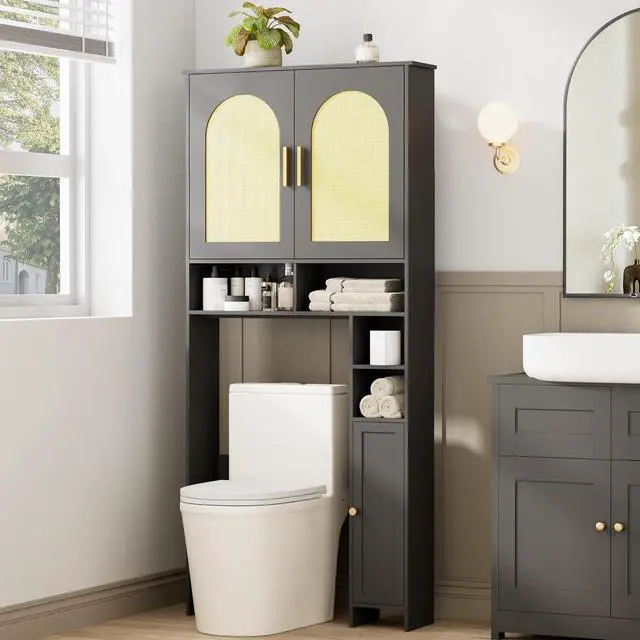 Main image of Homhedy Wooden Over The Toilet Storage Cabinet, Natural and Black | Bathroom Organizer with Rattan Decorated Doors, Adjustable Shelves, Toilet Paper Holder, for Small Spaces