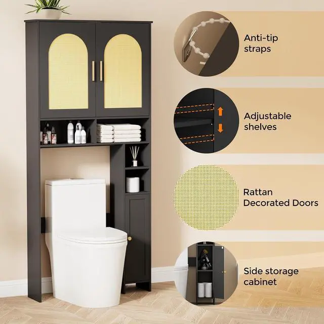 Alt view image 3 of 7 - Homhedy Wooden Over The Toilet Storage Cabinet, Natural and Black | Bathroom Organizer with Rattan Decorated Doors, Adjustable Shelves, Toilet Paper Holder, for Small Spaces