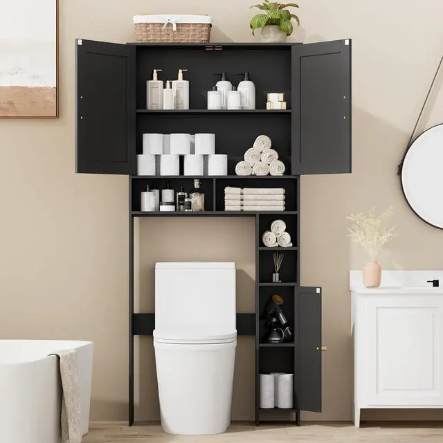 Alt view image 4 of 7 - Homhedy Wooden Over The Toilet Storage Cabinet, Natural and Black | Bathroom Organizer with Rattan Decorated Doors, Adjustable Shelves, Toilet Paper Holder, for Small Spaces