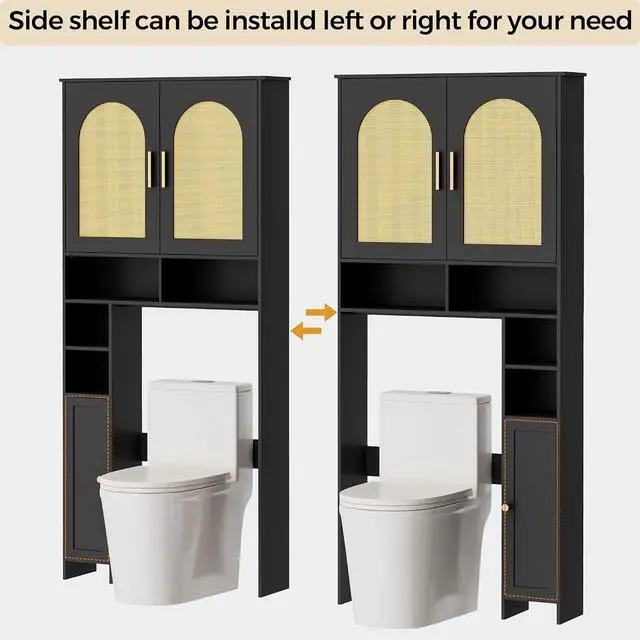 Alt view image 6 of 7 - Homhedy Wooden Over The Toilet Storage Cabinet, Natural and Black | Bathroom Organizer with Rattan Decorated Doors, Adjustable Shelves, Toilet Paper Holder, for Small Spaces