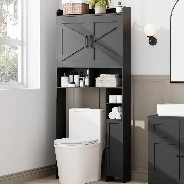 Main image of Homhedy Wooden Over The Toilet Storage Cabinet with Barn Door | Freestanding Bathroom Storage, Toilet Paper Holder, Adjustable Shelf,Space-Saving, Farmhouse Style, Black