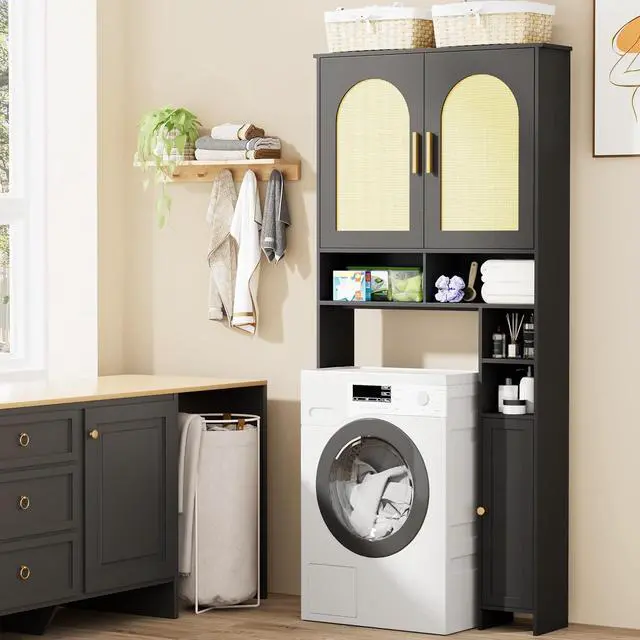 Alt view image 5 of 7 - Homhedy Wooden Over The Toilet Storage Cabinet, Natural and Black | Bathroom Organizer with Rattan Decorated Doors, Adjustable Shelves, Toilet Paper Holder, for Small Spaces