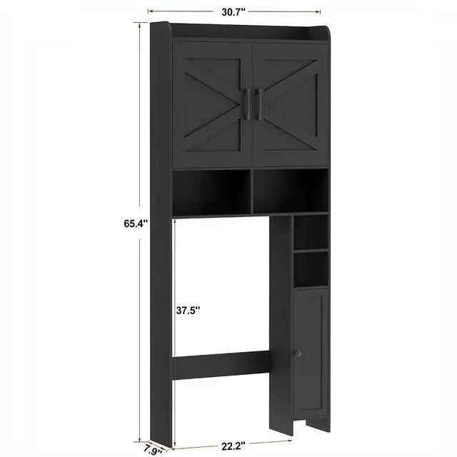 Alt view image 2 of 7 - Homhedy Wooden Over The Toilet Storage Cabinet with Barn Door | Freestanding Bathroom Storage, Toilet Paper Holder, Adjustable Shelf,Space-Saving, Farmhouse Style, Black