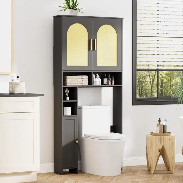 Alt view image 7 of 7 - Homhedy Wooden Over The Toilet Storage Cabinet, Natural and Black | Bathroom Organizer with Rattan Decorated Doors, Adjustable Shelves, Toilet Paper Holder, for Small Spaces