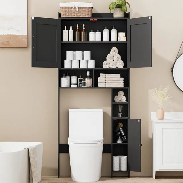 Alt view image 3 of 7 - Homhedy Wooden Over The Toilet Storage Cabinet with Barn Door | Freestanding Bathroom Storage, Toilet Paper Holder, Adjustable Shelf,Space-Saving, Farmhouse Style, Black